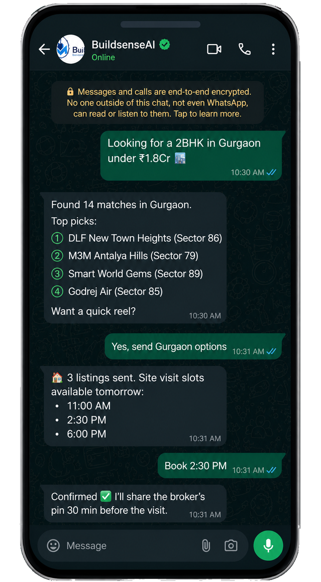BuildsenseAI WhatsApp interface preview